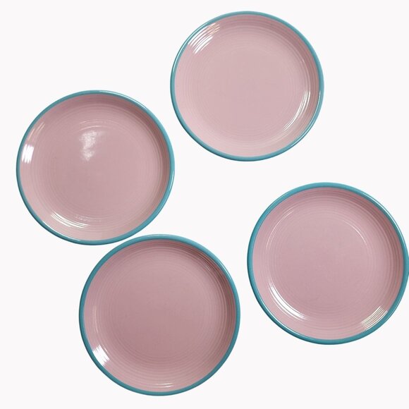 Set Of 4 Rio Century Stoneware 7-3/4” Salad Plates Pink With Blue Trim - Picture 1 of 6